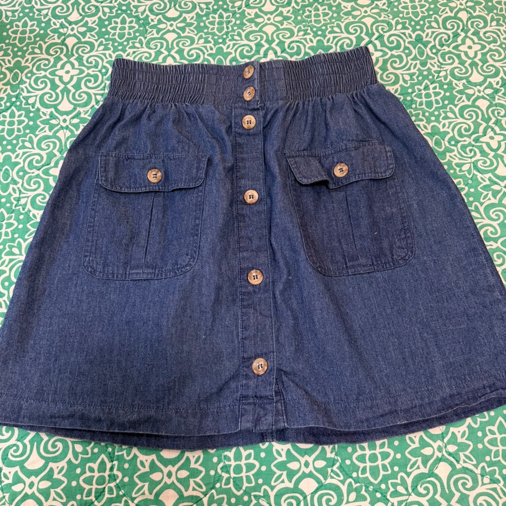 Copper Key Girls Blue Denim Button Front Skirt Elastic Waist Pockets Size XS